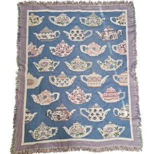 Goodwin Weavers Vintage Teapot Woven Tapestry Throw Blanket Blue Cotton USA Made